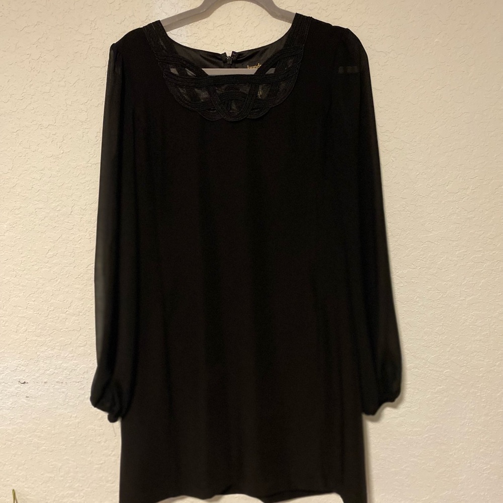 Little Black Dress, Sheer Sleeve Shift Dress with lace neck line, Cocktail Dress - Picture 7 of 13